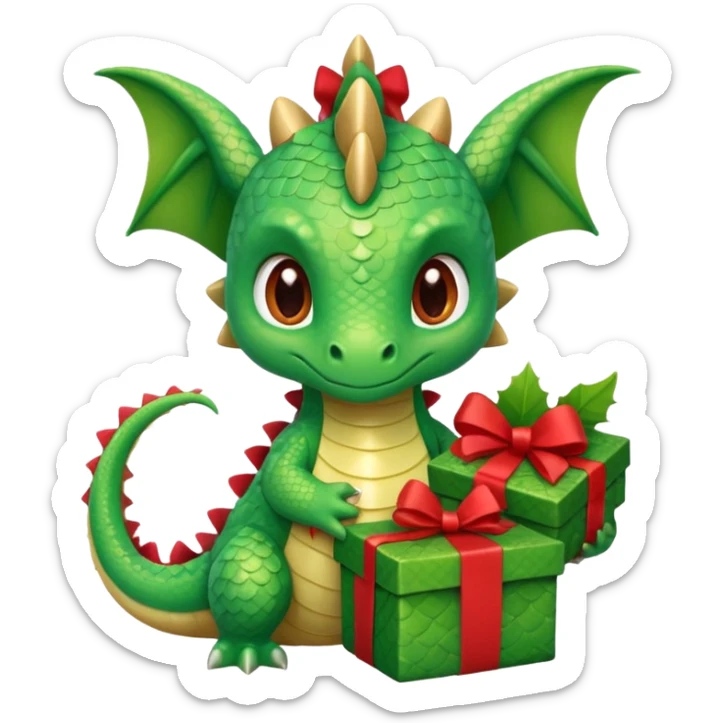 a cute baby dragon is holding a carton gift with red ribbon sticker