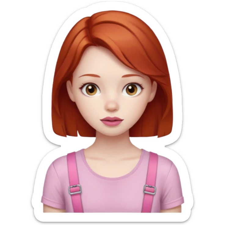 Redhead girl with deep brown eyes, pale skin with light red lips wearing a pink strap shirt sticker
