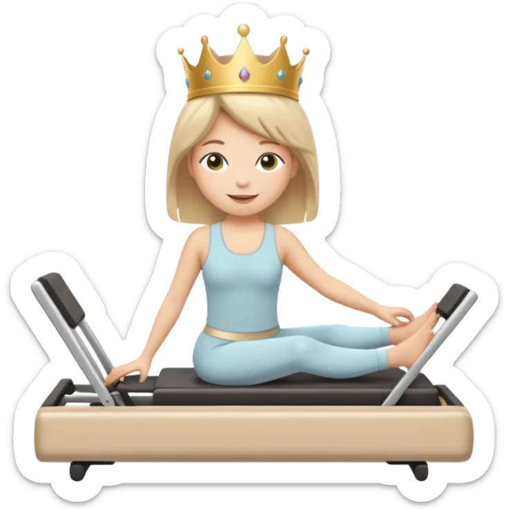 Cute sticker emoji of a “Pilates Princess” doing Pilates on a reformer machine. She is wearing beige activewear with a tiny crown. Soft kawaii style, round shapes, happy face. White outline, vector, transparent background. sticker