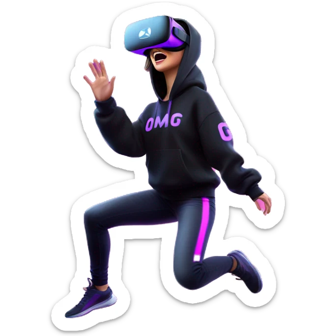 Russian girl wearing black hoody with violet letters "OMG", in vr headset oculus quest2. jumping. Cyberpunk style. Violet neon. sticker
