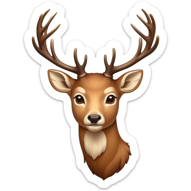 Cinematic Noble Deer Portrait Emoji, Poised and regal, with a graceful, slender build and a dappled Fur of warm browns and creams, elegant antlers crowning its head, deep-set soulful gentle eyes, Simplified yet sharp and sophisticated features, highly detailed, glowing with a soft, dignified glow, high shine, intelligent and serene, stylized with an air of forest majesty, focused and attentive, soft glowing outline, capturing the essence of a watchful woodland guardian, so majestic it feels as though it could gracefully leap out of the screen with effortless authority! sticker