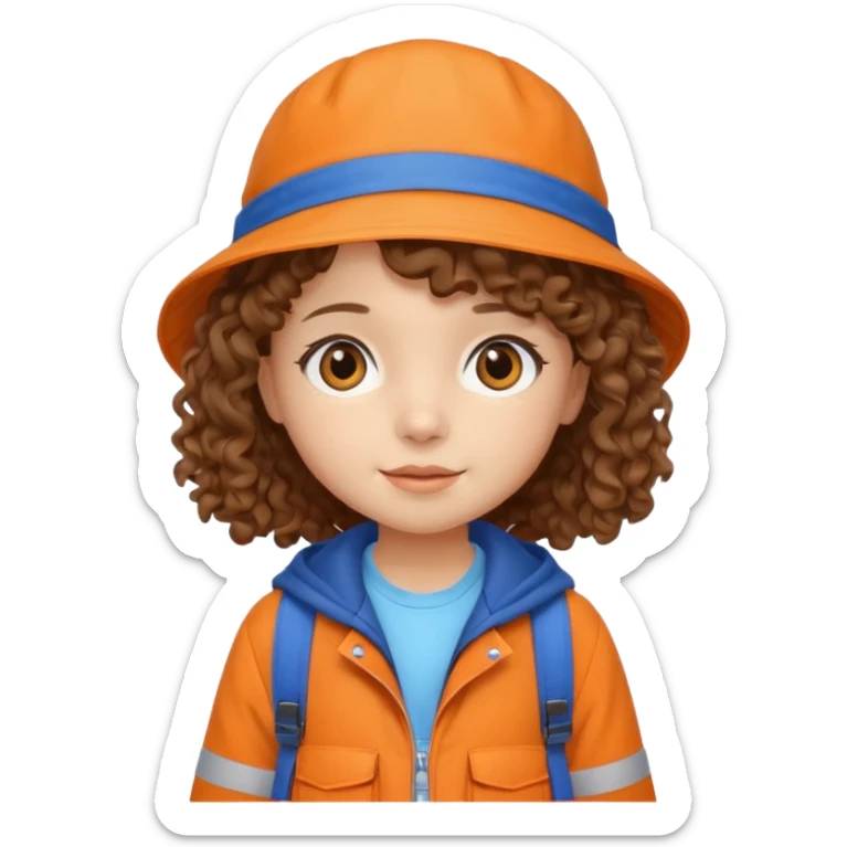 A little girl student curly brown hair, with beige bucket hat, orange jacket, blue backpack sticker
