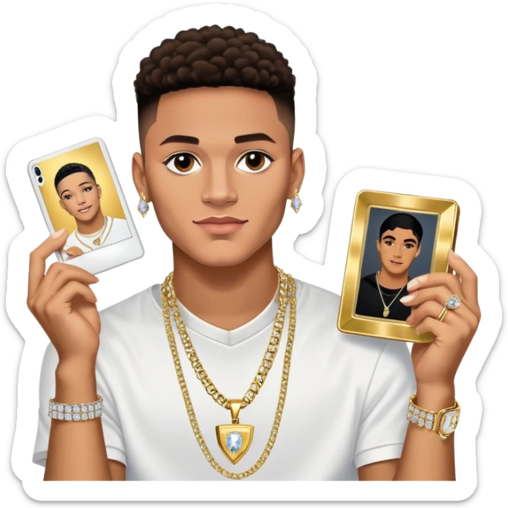 Internet celebrity Josh King Madrid jetset wearing shiny diamond earrings and sparkly iced out diamond tennis necklace chains with tefi valenzuela sitting with him holding gold polaroid celebrity tv show filming  sticker