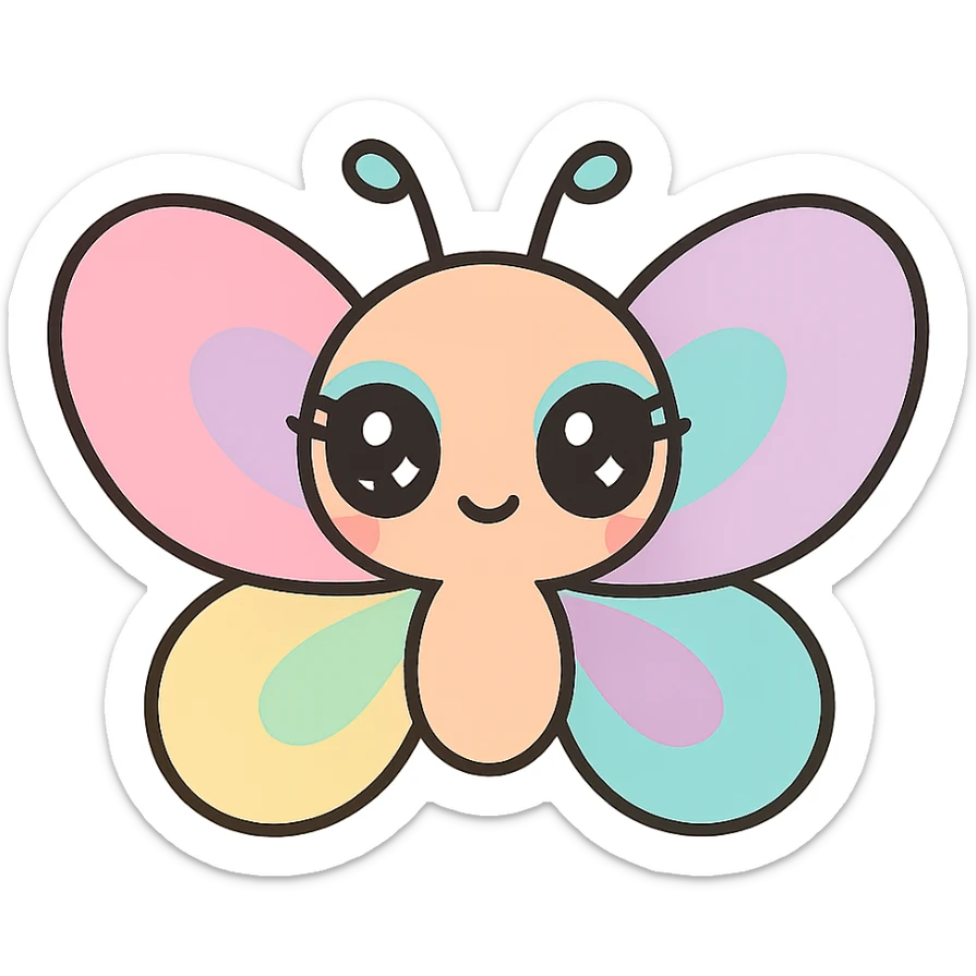 kawaii butterfly with big sparkling eyes, tiny body, pastel rainbow wings, cute and happy, bold eyeliner and colorful eyeshadow sticker