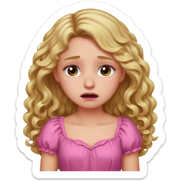 the girl is that criying she has brown eyes and blond long hair curly pink dress  sticker