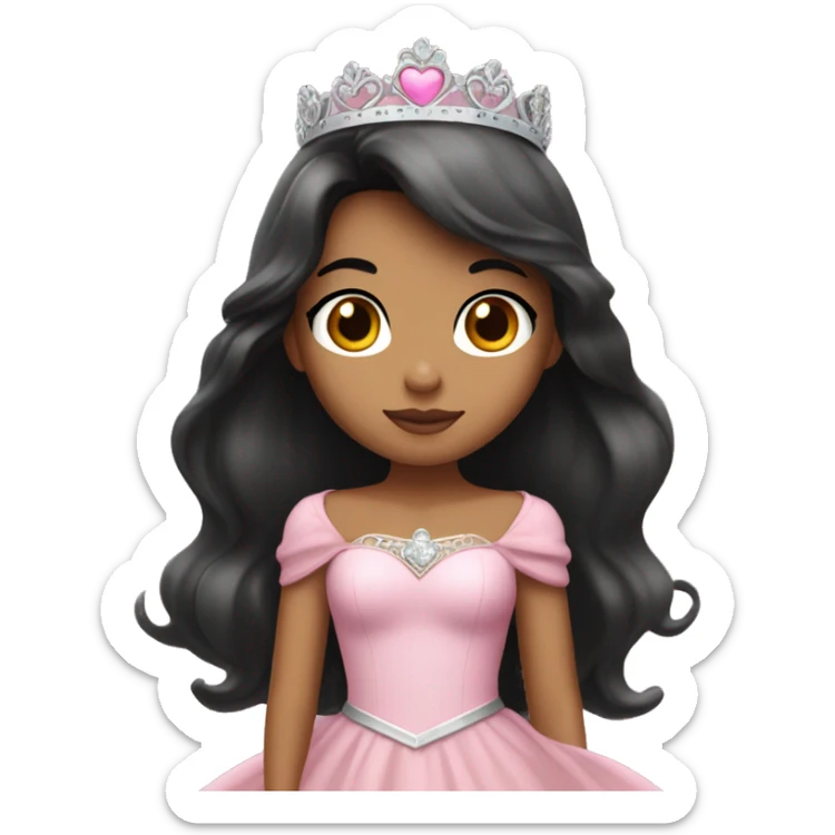 Princess with halo with tan skin tone with long black hair with bang with silver pink heart tiara and pink dress sticker