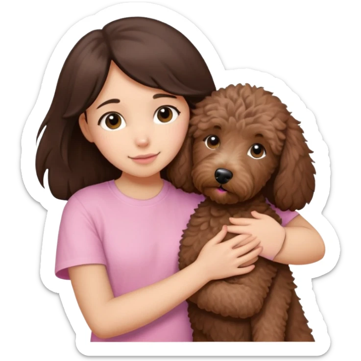 One girl with medium long dark brown hair dressing baby pink T-shirt, hugging One little brown coated labradoodle. sticker