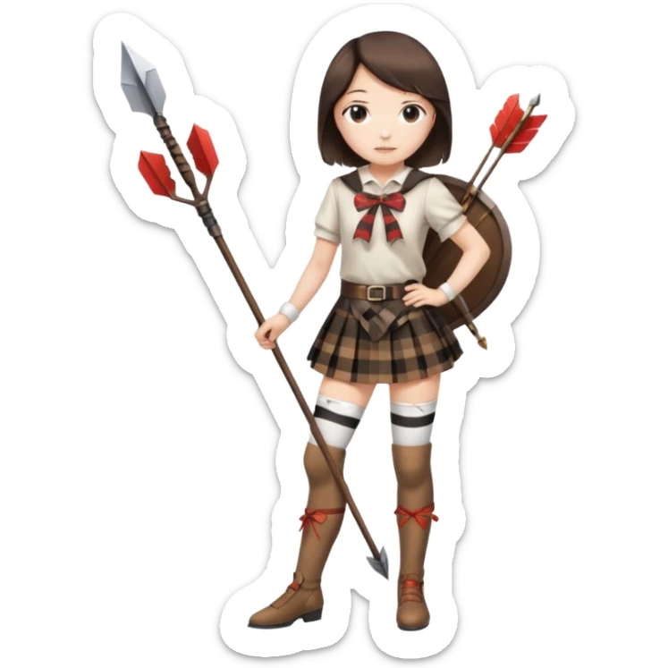 A Japanese girl wearing white thigh highs, plaid brown and black skirt that’s up to knees, arrow and bow in hand that’s labeled “DIANA”  sticker
