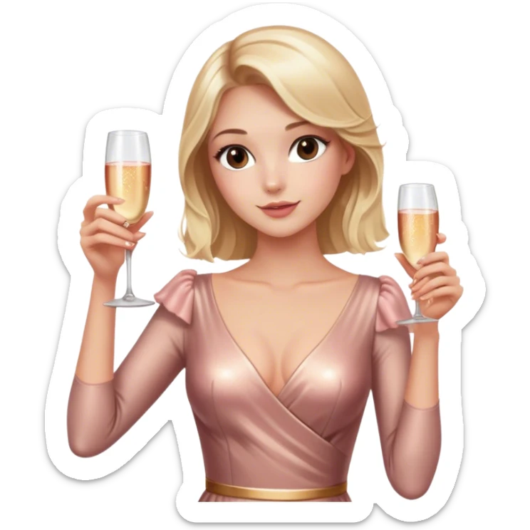 Pretty Blonde model, brown eyes, wearing a rose gold dress with sleeves, raising a glass of champagne sticker