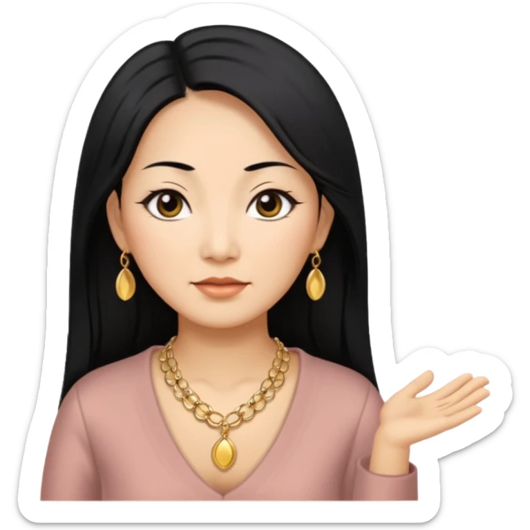 50 yr old asian woman, straight thick long black hair, big black, side part sticker