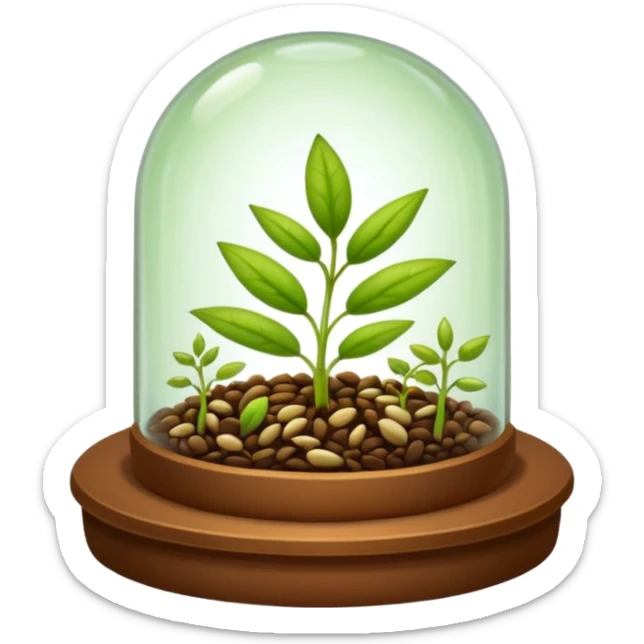 a pile of seeds at the right side and a germinating seed under a glass dome near . Transparent background sticker