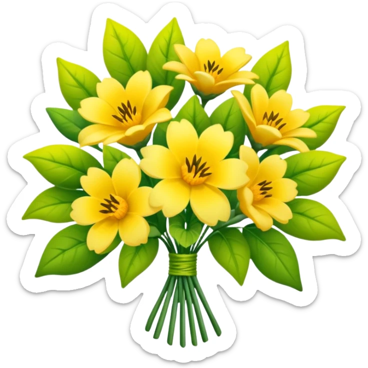 Generate a high-quality image of a bouquet of flowers dominated by yellow blooms, with a mix of green leaves, realistic colors and shading, smooth gradient colors, no human figures, no facial features, no brand markings, simple white background, high-resolution.
 sticker