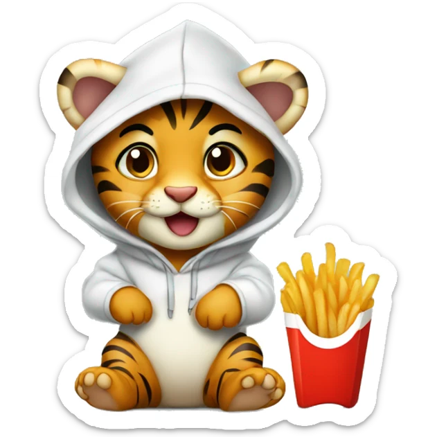 baby tiger with hoodie eating French fries sticker