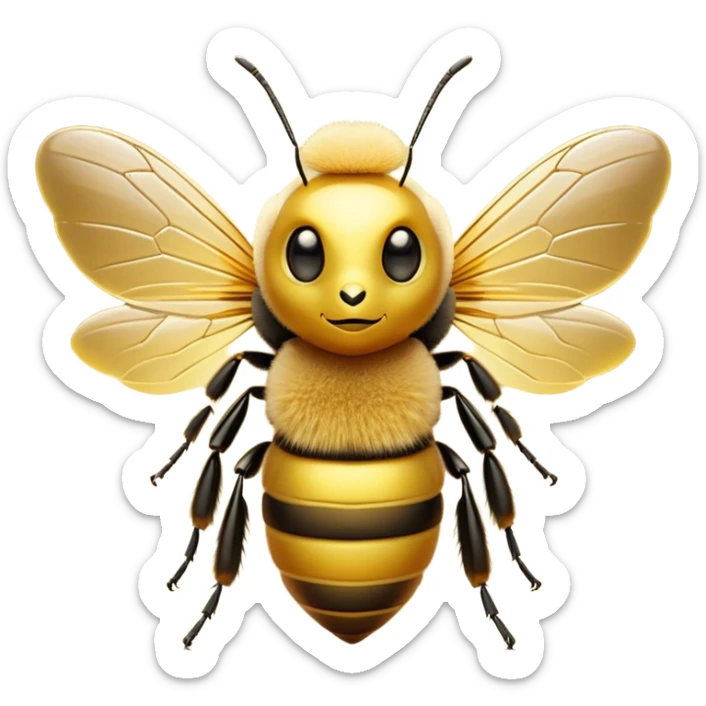Cinematic Noble Bee Portrait Emoji, Poised and industrious, with a compact, fuzzy body in golden-yellow hues, delicate translucent wings, and a focused, determined expression with sparkling eyes, Simplified yet sharp and sophisticated features, highly detailed, glowing with a soft, sunny radiance, high shine, intelligent and diligent, stylized with an air of natural elegance, focused and alert, soft glowing outline, capturing the essence of a watchful bee that appears ready to buzz out of the screen with effortless authority! sticker