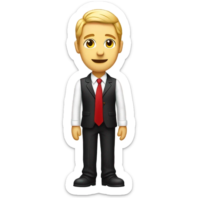 Full body picture of a male in a black suit with a white shirt and red tie holding his hand out flat as if something is resting in it sticker