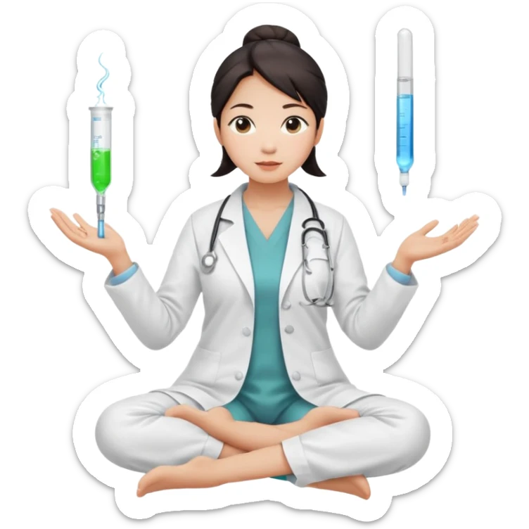 emoji of an asian woman with a single bun in a white lab coat sitting cross legged with micropipettes levitating above each hand. the tips should be pointing away from her and she should not be wearing a stethoscope sticker