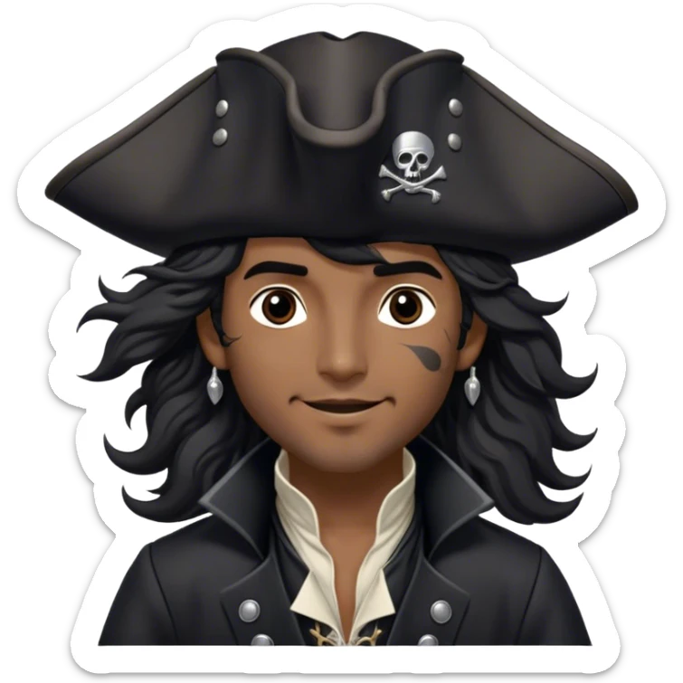 A charismatic pirate with wavy black hair tousled by the breeze. His silver-embroidered tricorn hat casts a shadow. Dark eyes glint with mischief as he looks to the side, a knowing smile on his lips. His black coat, adorned with silver buttons, shifts with the wind sticker