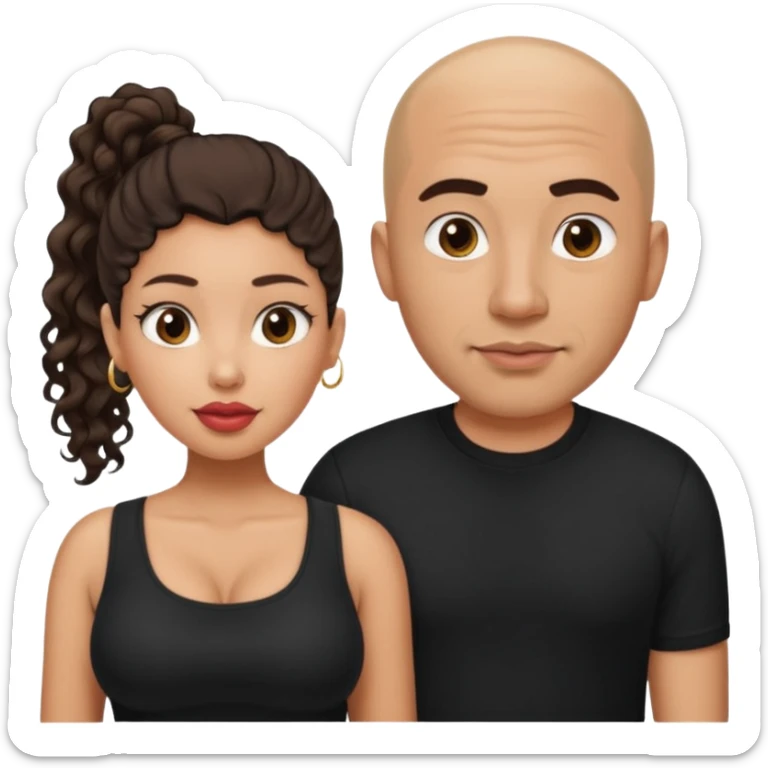 A picture of a tanned couple. the man is a Mexican man with tanned skin, a bald hair cut, short shaved beard and wearing a black shirt. the woman is mixed, with curly medium length hair in a pony tail, with big boobs and lips  sticker
