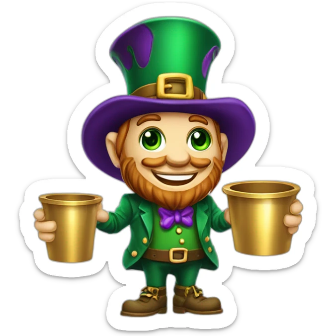 A mascot leprechaun green and purple cartoon character with a gold pot to my company ProsperOn sticker