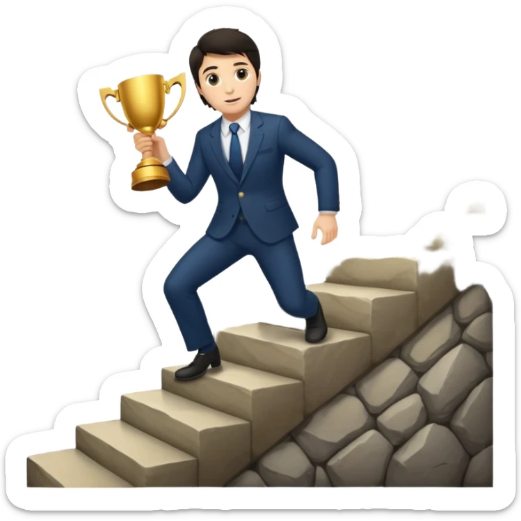 UN HOMBRE DE PIEL CLARA Y PELO OSCURO SUBIENDO ESCALERAS LARGAS PARA ALCANZAR UN TROFEO sticker