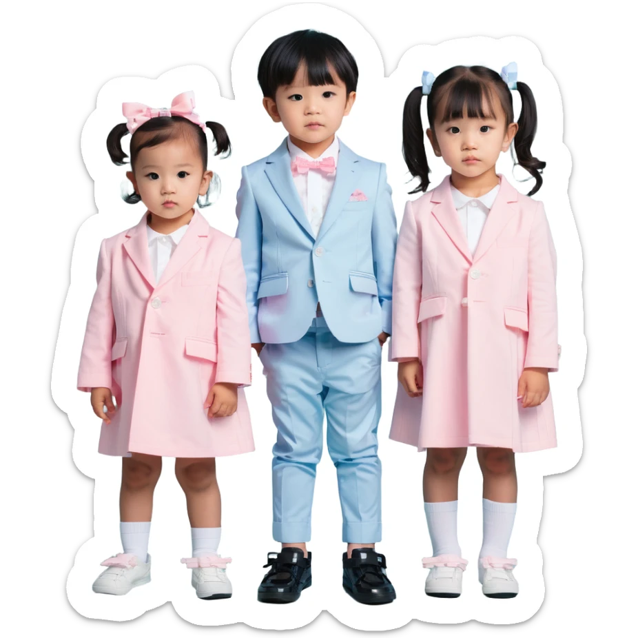 triplet toddlers with two girls in pastel pink clothes on each side and a boy in pastel blue suit in the middle sticker