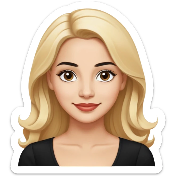 Professional portrait of Linette Torres, Puerto Rican actress with light skin, charismatic expression, bright eyes, beautifully shaped eyebrows, charming smile, long blonde hair, wearing an elegant black top sticker