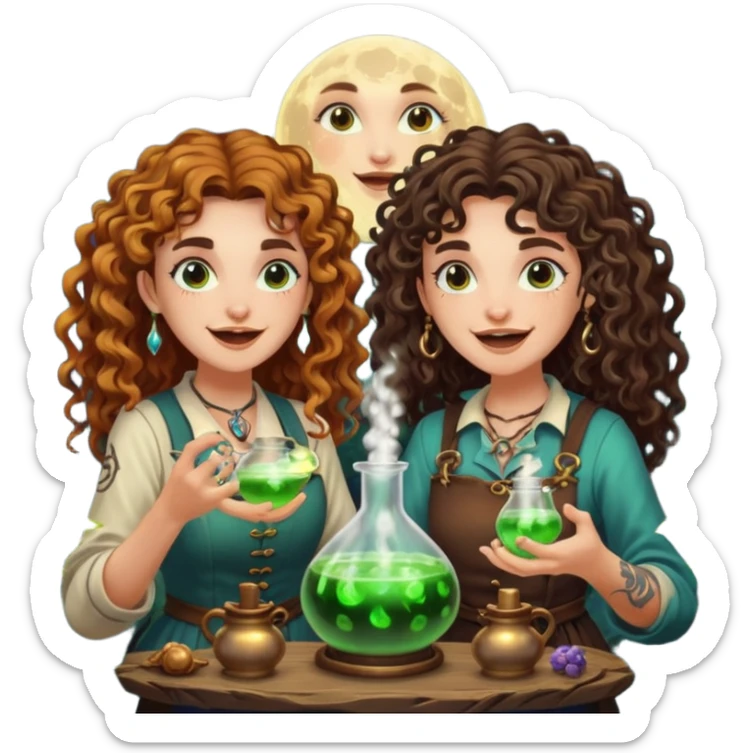 forest alchemist duo two women curly long hair tattooed and short brown mullet mixing glowing moon potion together excited faces sticker