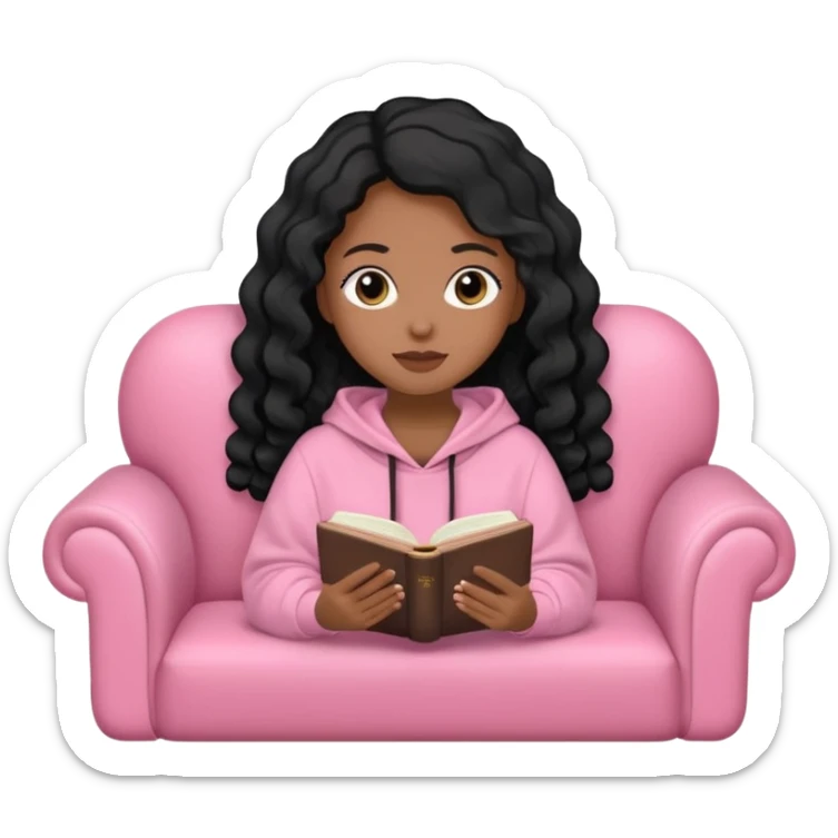 Una chica linda de cabello negro con ondas hasta los hombros de piel blanca con una sudadera rosa en un sofá cómodo y hermoso leyendo la biblia sticker
