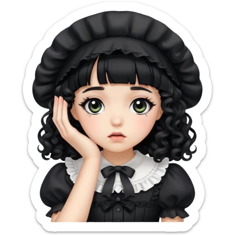 girl wearing a black bonnet and a black lolita dress with black bangs and black curly hair facepalming  sticker