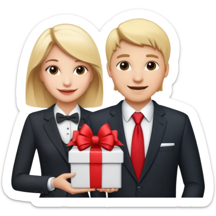 "Emoji of a young attractive blonde woman receiving a new car with a big red bow as a gift from a man dressed as a businessman in a suit." sticker