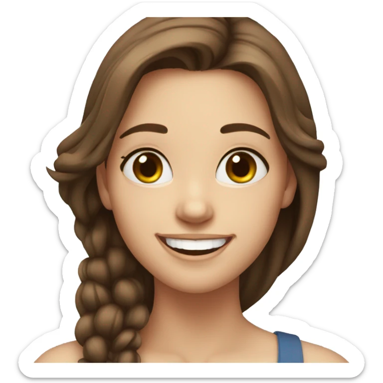 19 year old girl, long  brown hair styled not tied up, white skin, blue eyes, laughing sticker