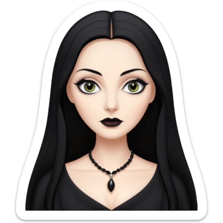 Create a realistic portrait of Morticia Addams with long black hair, elegant black dress & sharp gaze. sticker