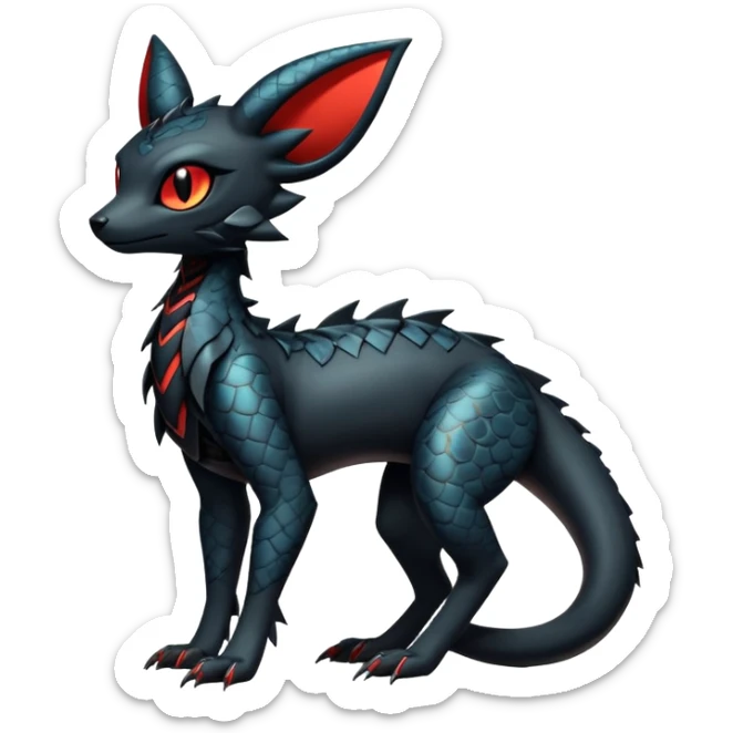 Sophisticated Modern Gothic Gloomy Futuristic Scaly Cyber-Salandit-Umbreon-Litten-Hybrid (Full body) sticker