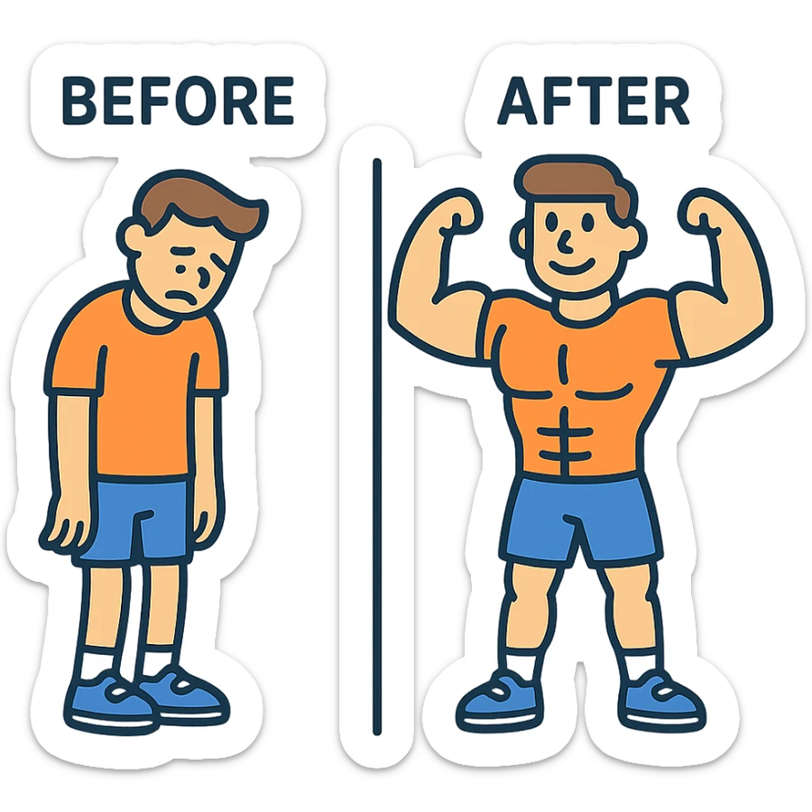 in the picture is devided in to two parts, at the first the sportsman is weak and lazy, but at the second picture the same sportsman is very strong because he doing a workout regularly. There is no line between the picture, at the first picture the is a word before, in the second picture there is a word after sticker