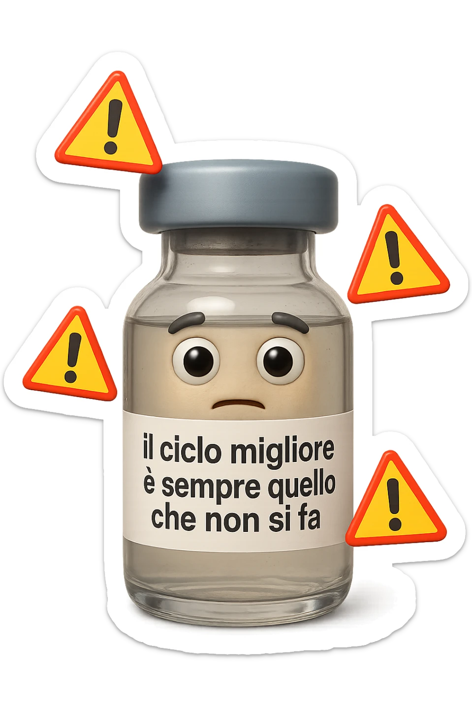 SU QUESTO STILE FAI UN EMOJI STILE IPHONE 3D DI UNa boccetta di fiala medica attorno alla quale fluttuano segnali di pericolo, sull'etichetta della boccetta c'è scritto "il ciclo migliore è sempre quello che non si fa", FALLO MOLTO REALISTICO IN 3D sticker