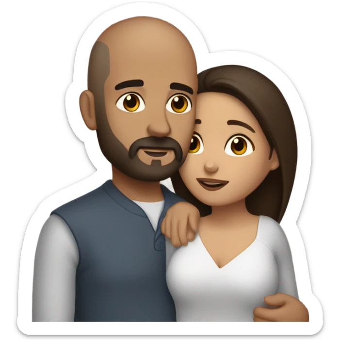 Comforting hug from brunette Puerto Rican with dark brown eyes to short, bald man with brown eyes and a beard sticker