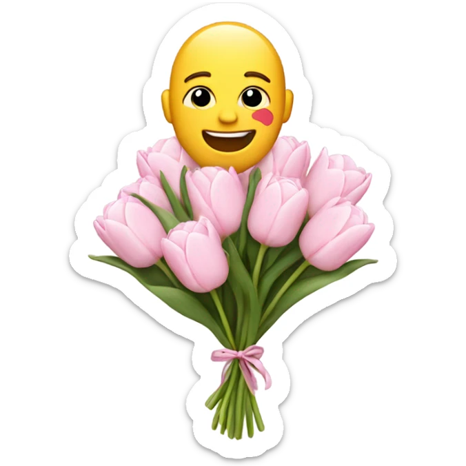 emoji with big smile holding a bouquet of white tulips and pink flowers sticker
