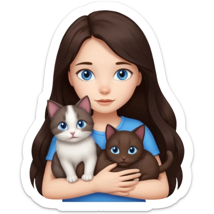 a pretty girl with long dark 
brown hair, with blue eyes, hugs 3 different natural coloured small cats sticker