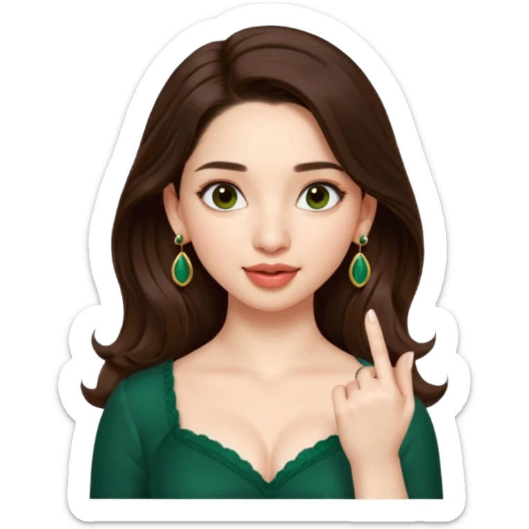 pretty bratz genmoji that looks like tamannah bhatia (bollywood actress), wearing a dark green sweetheart neckline top, dark brown hair, light makeup, no necklace, dangly earrings, SIDE hair part, fair. dark brown eyes, long hair

Show her licking her finger  sticker