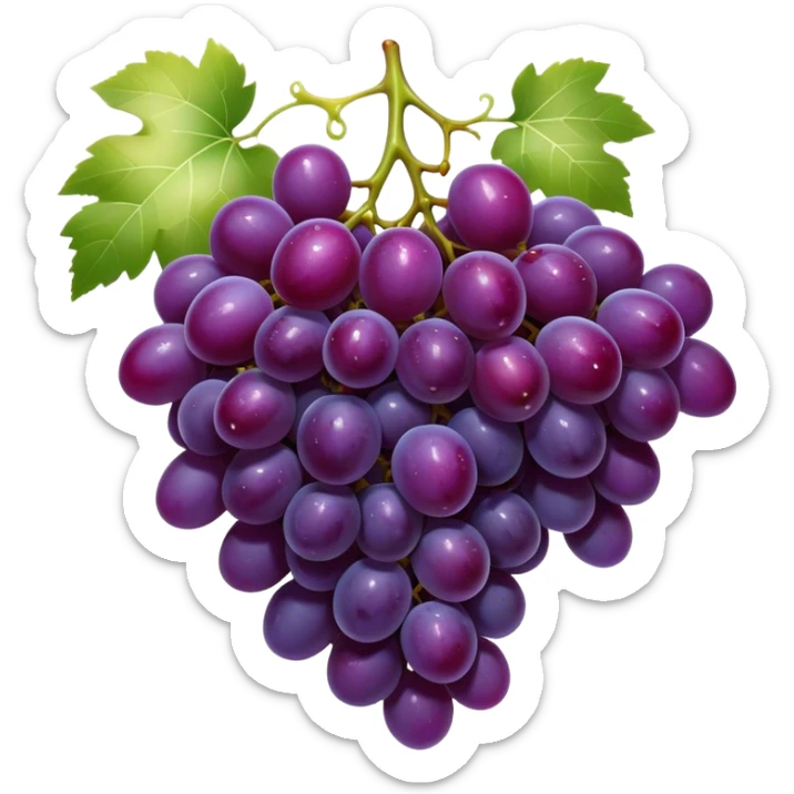 Cinematic glossy purple grapes, plump and dewy, gathered in a beautiful cluster, deep rich hues, ultra-detailed, fresh and juicy, soft glowing light. sticker