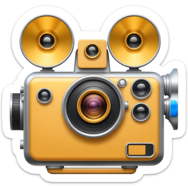 Minimal emoji icon of a huge cinematic metalic camera, front view, realistic lens, no gold sticker