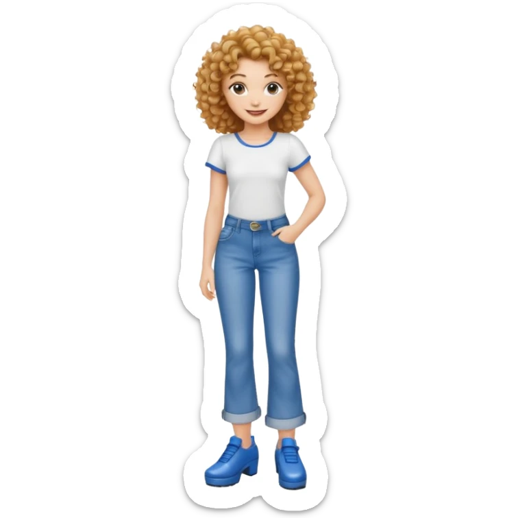 Meuf Cleane tête fine très très très belle cheveux bouclé haut blancs et jean bleu large avec des samba  sticker