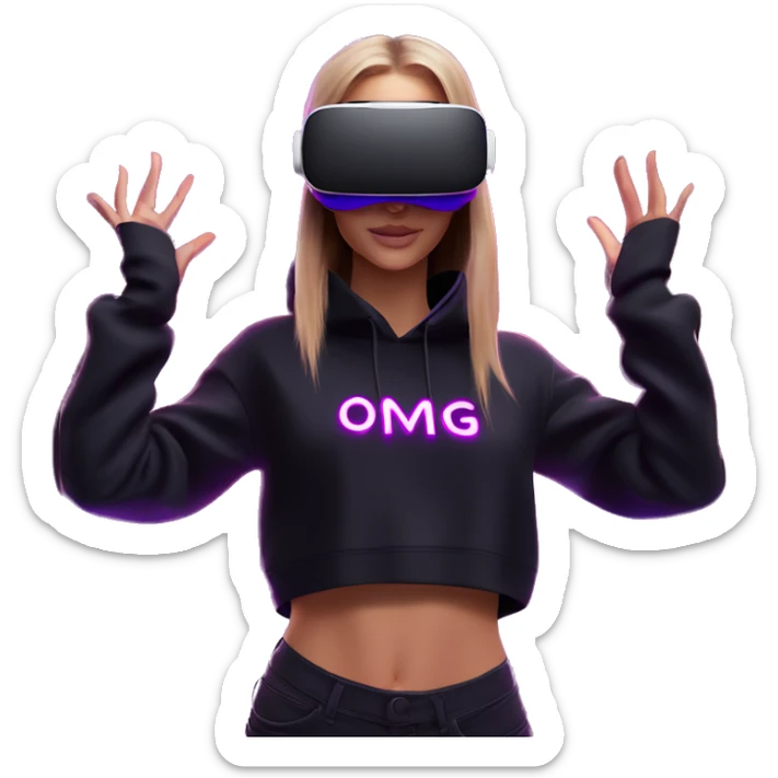 Russian girl wearing black hoody with violet letters "OMG", in vr headset oculus quest2. Dancing. Cyberpunk style. Violet neon. sticker