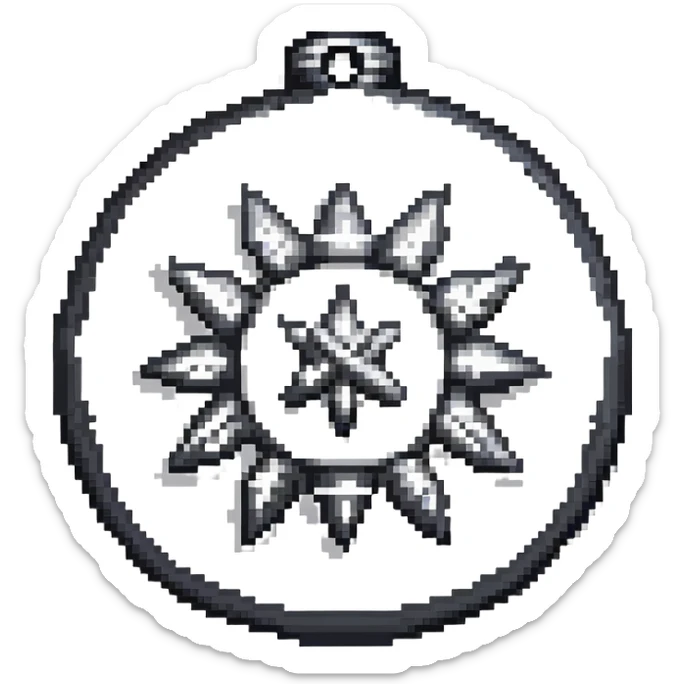 Black digital bomb with shuriken or ninja star ornament on top, round bomb body with silver highlights and details, sleek ninja-inspired design, pixel art style sticker