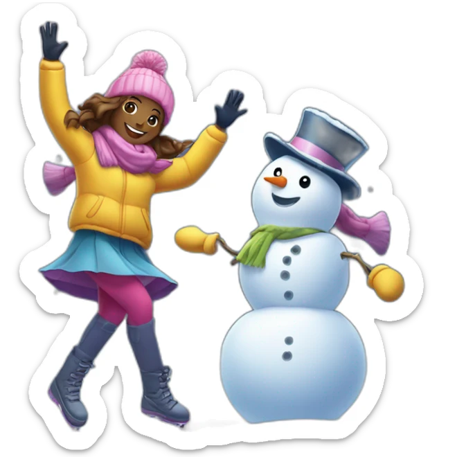 Two girls dancing on the snow and snowman is beside them sticker