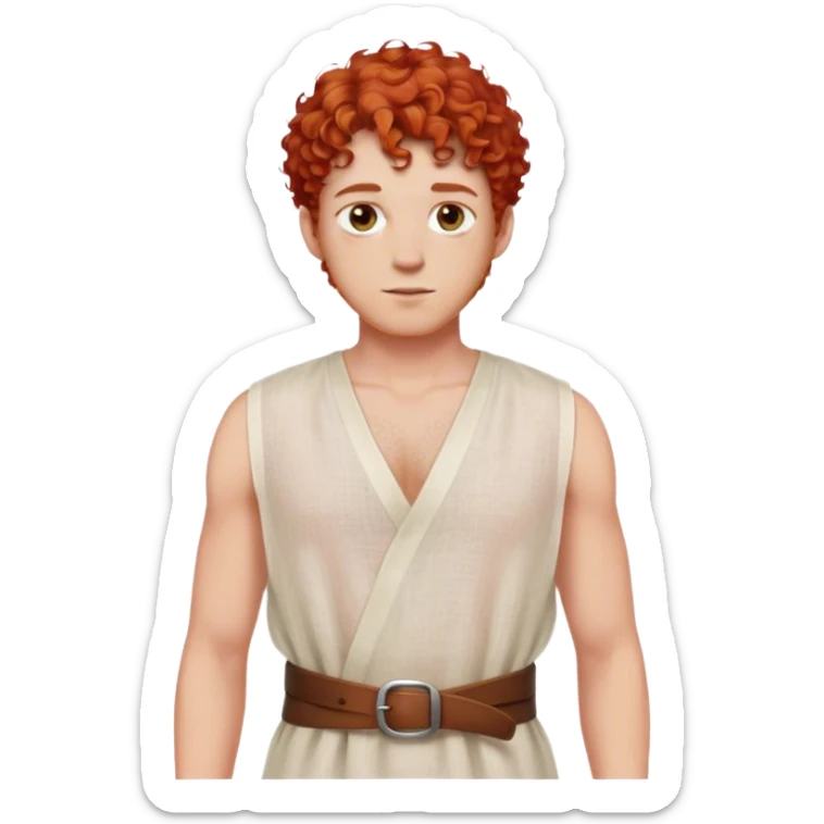 medieval summer outfit worn by a DnD themed fantasy male character. sheer sleeveless linen tunic with a simple neckline and a fabric belt. clothes only above the waist. The clothes full waist. The character's haven't arms. character is white-skinned, red hair, hazel eyes, short curly hair. sticker