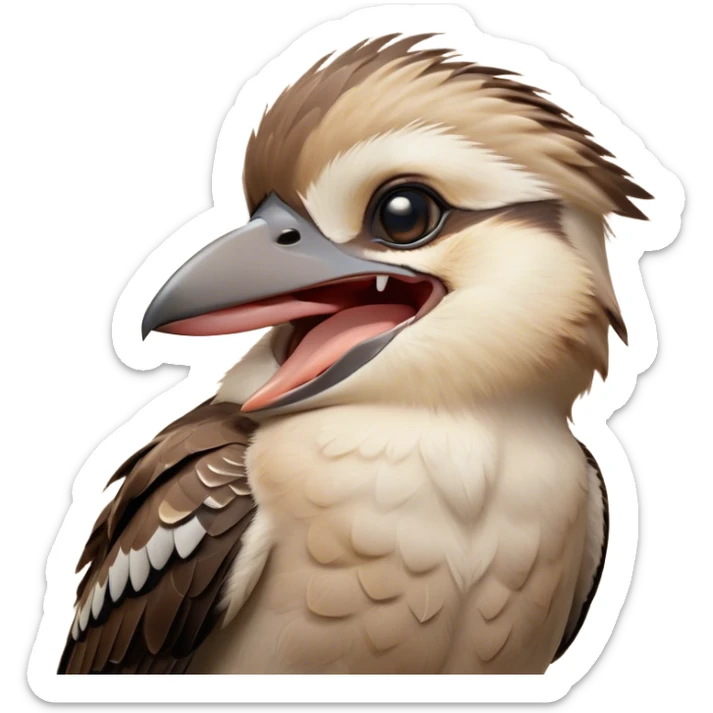 Cinematic Cute Yawning Kookaburra Portrait Emoji, Head tilted slightly with a dramatic, wide-open yawn, showcasing a soft, downy brown plumage with gently drooping wings and a relaxed beak, round eyes barely open in drowsy contentment, Simplified yet irresistibly adorable features, highly detailed, glowing with a soft, cozy glow, high shine, relaxed yet expressive, stylized with a touch of bushland charm, bright and endearing, soft glowing outline, capturing the essence of a sleepy yet affectionate kookaburra, so drowsy it feels like it could flutter out of the screen and curl up for a nap! sticker