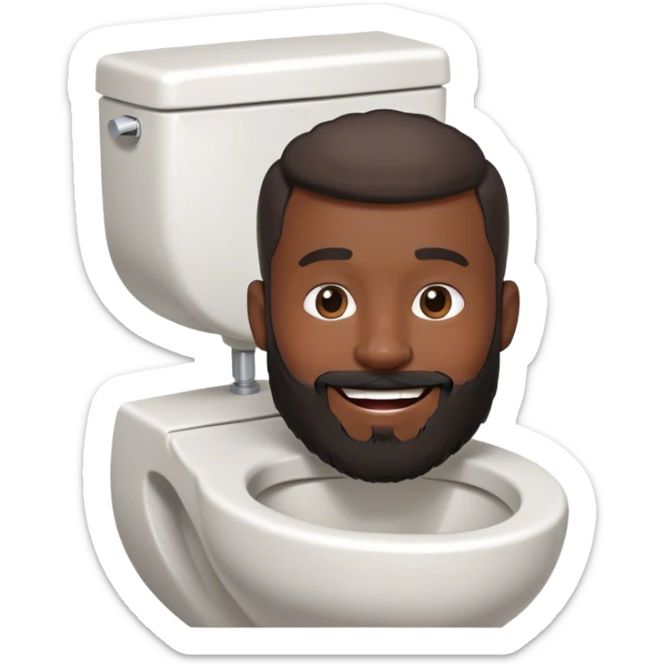 A toilet with a white, black bearded man’s head sticking out of it, smiling sticker