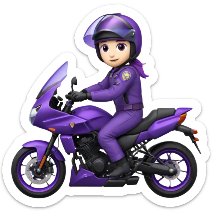 Créer un emoji avec une moto mt07 sport noir mate / violet iridescent très foncé, pare-brise de la moto violet. Avec une pilote dessus visière violet sombre visage caché . Avec fond arrière violet en arrière plan. sticker