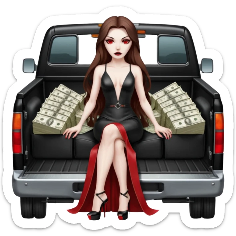 Lilith symbol red eye seductress evil long brown haired sexy succubus woman with leather long dress with slit on, sitting in Big Large F350 pickup truck. Platform long high heels on feet. Back seat full of stacks of cash, she is  Holding a human skull of her enemies and a gun in other hand sticker